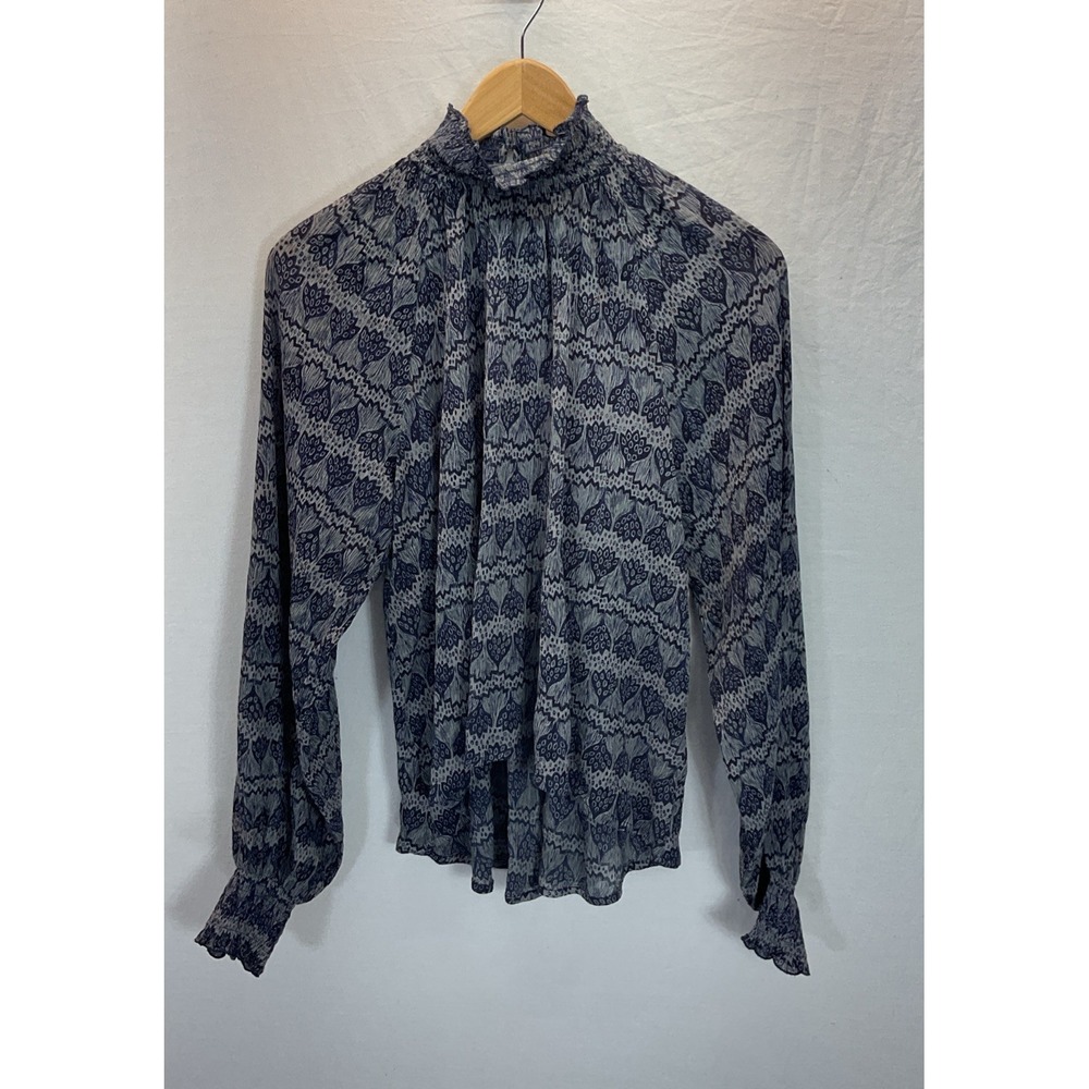 Antik Batik blue crinkle block print high neck Ruffle balloon slv top/ tunic SM